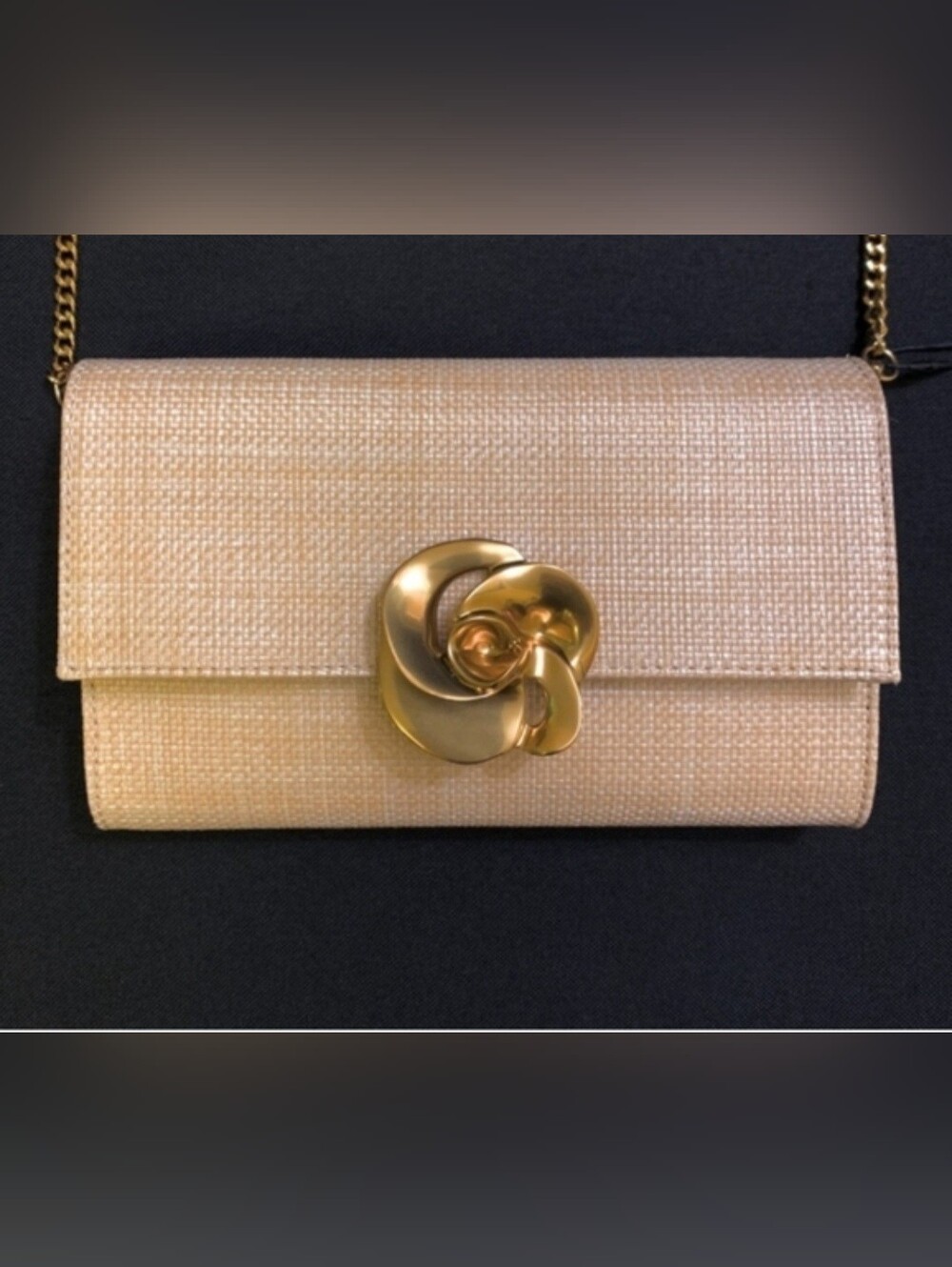 TED BAKER Kira Woven Raffia Clutch w/ Gold Rose Closure & Crossbody Chain Strap